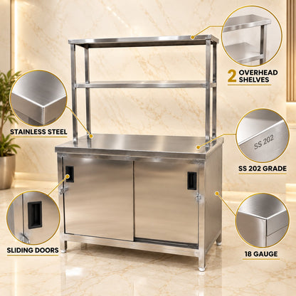 SS Pickup Counter with Sliding Doors – 45 × 30 × 32 + 18 + 12 in