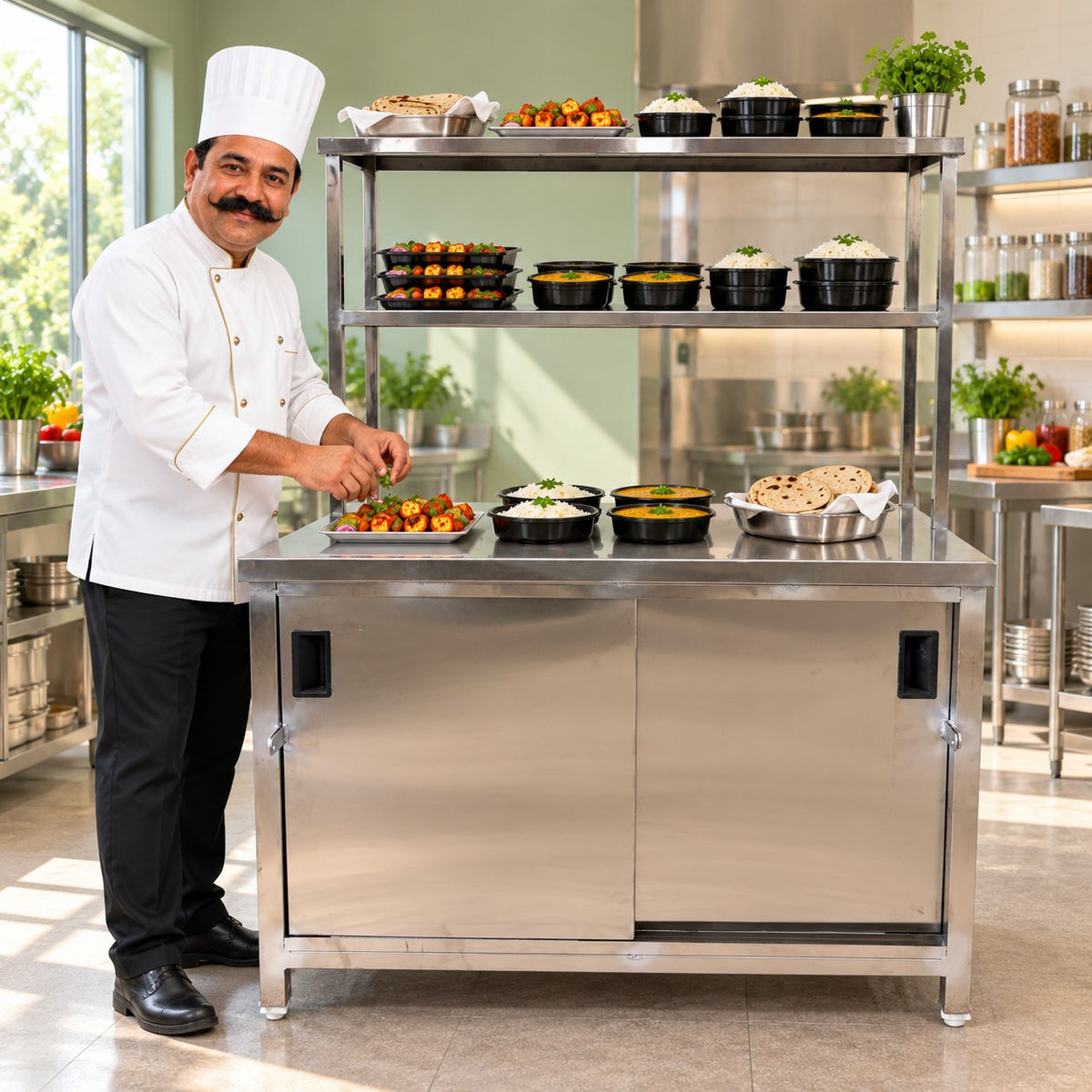 SS Pickup Counter with Sliding Doors – 45 × 30 × 32 + 18 + 12 in