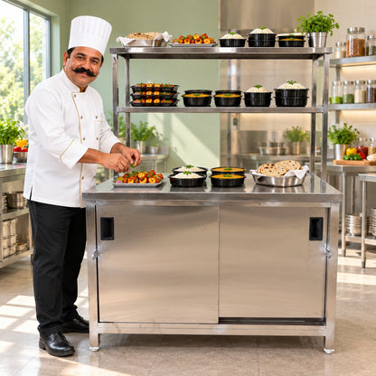 SS Pickup Counter with Sliding Doors – 45 × 30 × 32 + 18 + 12 in