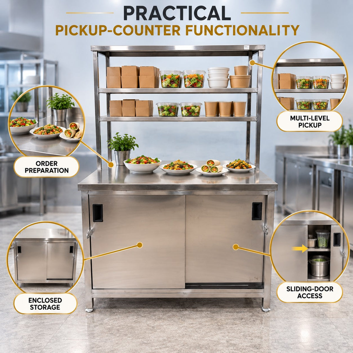 SS Pickup Counter with Sliding Doors – 45 × 30 × 32 + 18 + 12 in