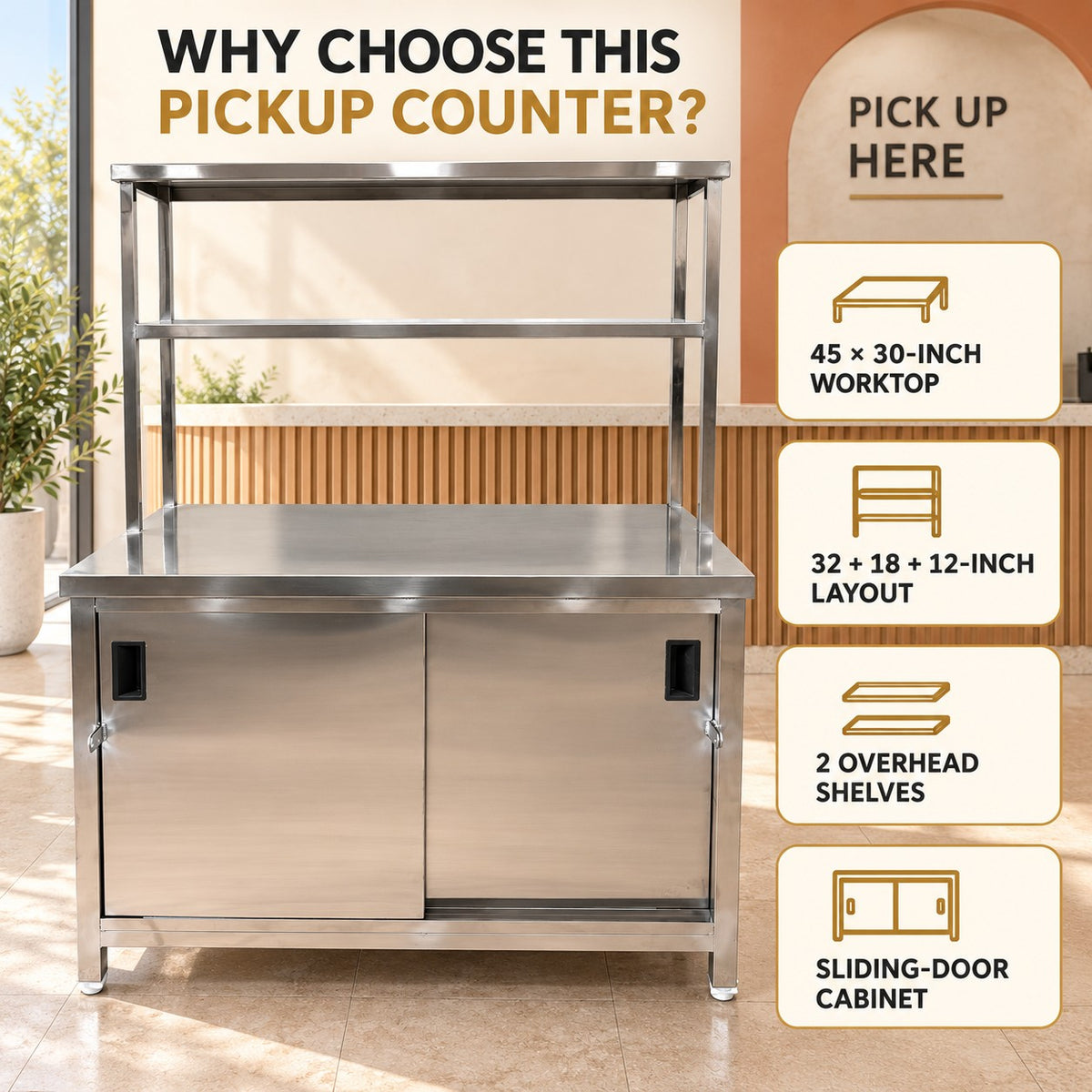 SS Pickup Counter with Sliding Doors – 45 × 30 × 32 + 18 + 12 in