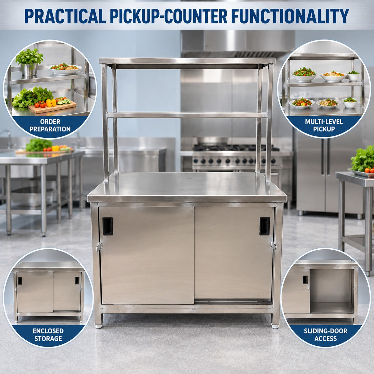 SS Pickup Counter with Sliding Doors – 45 × 30 × 32 + 18 + 12 in