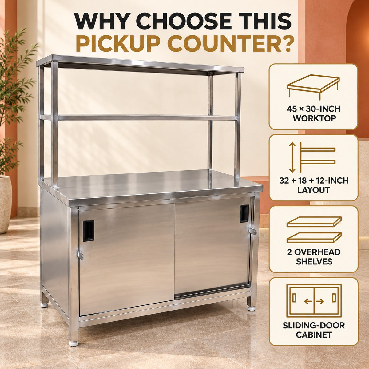 SS Pickup Counter with Sliding Doors – 45 × 30 × 32 + 18 + 12 in
