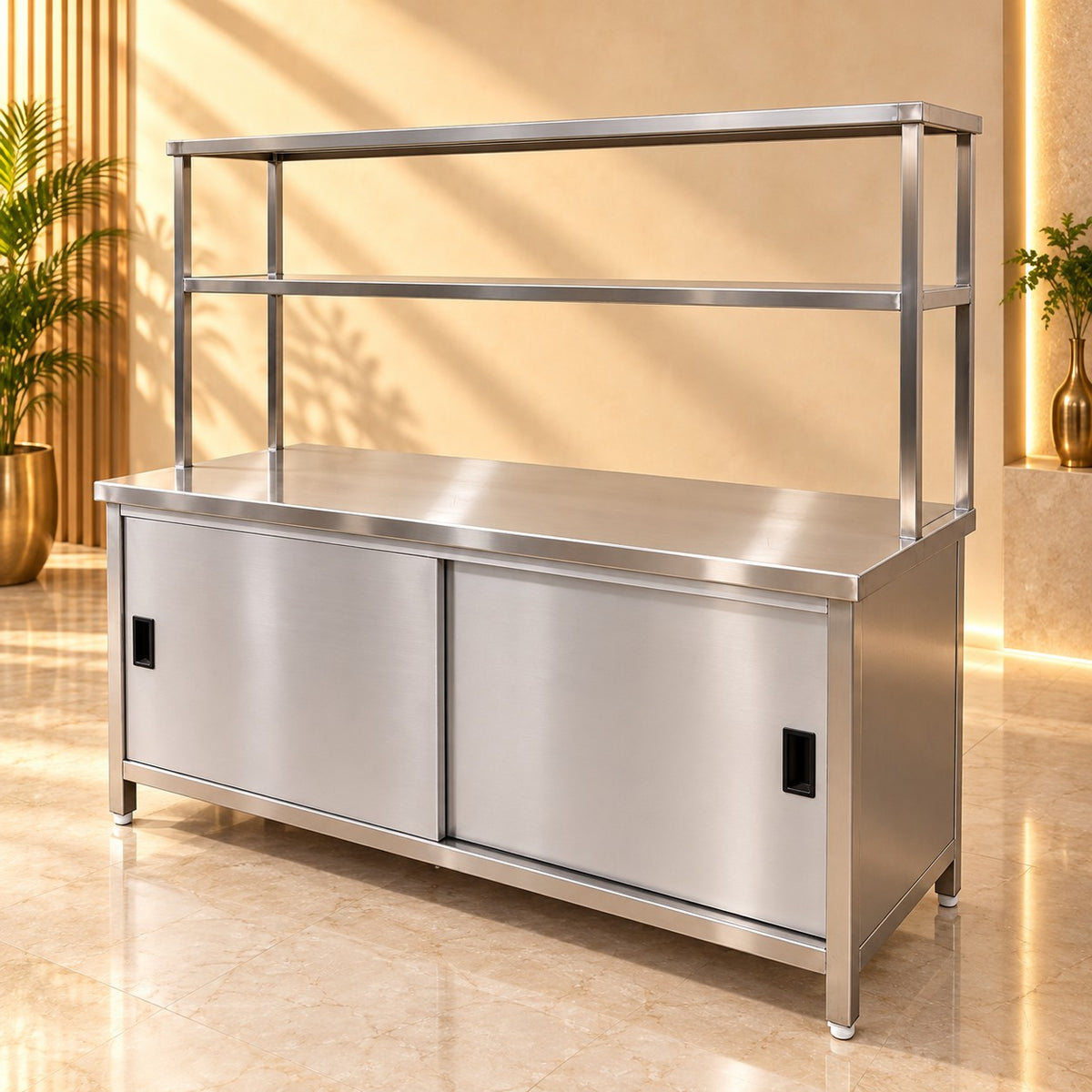 SS Pickup Counter with Sliding Doors – 60 × 24 × 32 + 18 + 12 in