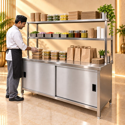 SS Pickup Counter with Sliding Doors – 60 × 24 × 32 + 18 + 12 in