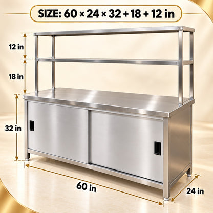SS Pickup Counter with Sliding Doors – 60 × 24 × 32 + 18 + 12 in