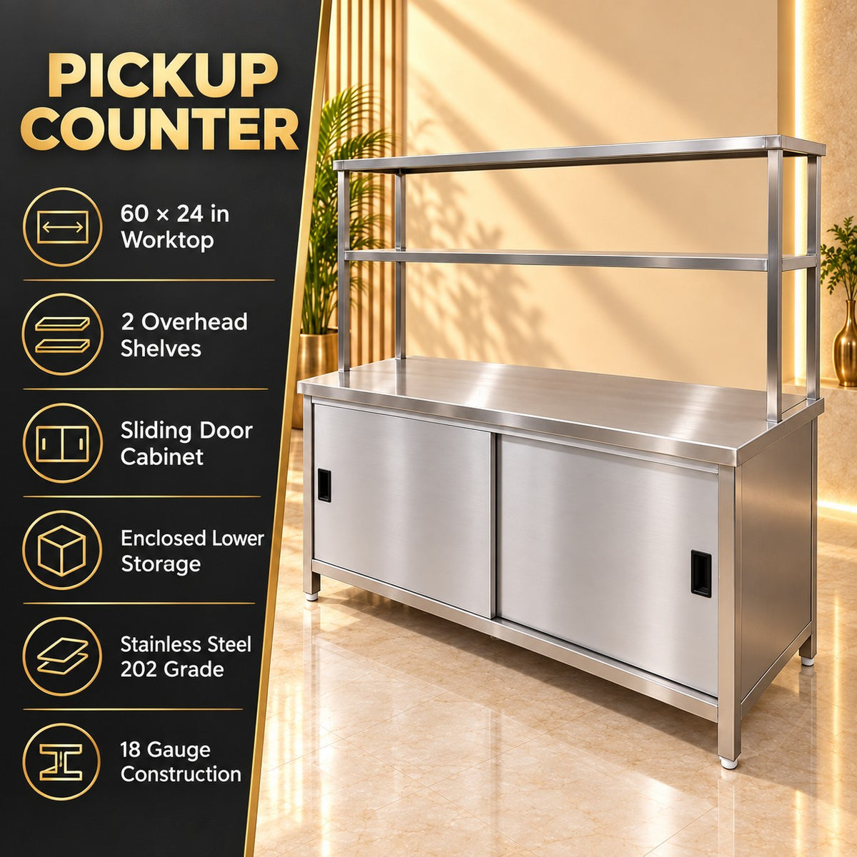 SS Pickup Counter with Sliding Doors – 60 × 24 × 32 + 18 + 12 in