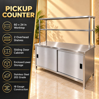 SS Pickup Counter with Sliding Doors – 60 × 24 × 32 + 18 + 12 in