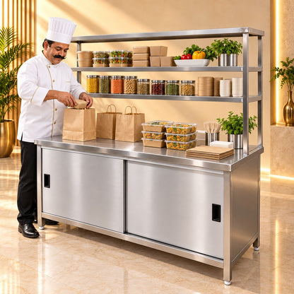 SS Pickup Counter with Sliding Doors – 60 × 24 × 32 + 18 + 12 in