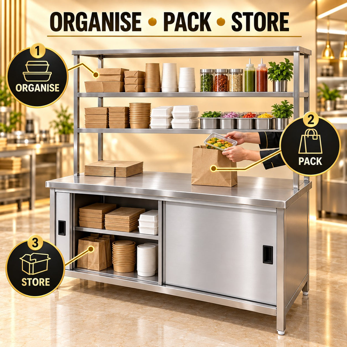 SS Pickup Counter with Sliding Doors – 60 × 24 × 32 + 18 + 12 in