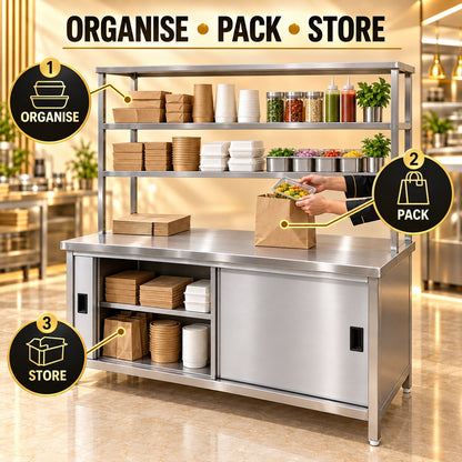 SS Pickup Counter with Sliding Doors – 60 × 24 × 32 + 18 + 12 in