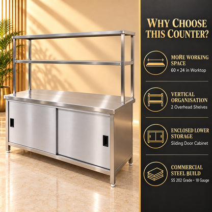 SS Pickup Counter with Sliding Doors – 60 × 24 × 32 + 18 + 12 in