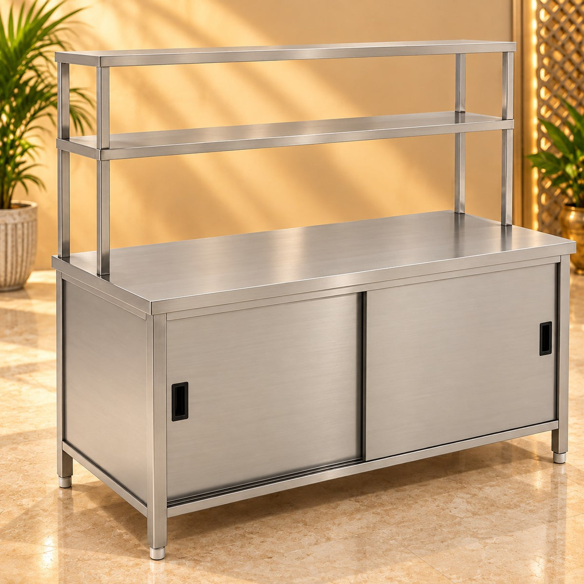 SS Pickup Counter with Sliding Doors – 60 × 30 × 32 + 18 + 12 in
