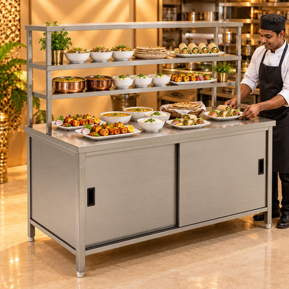 SS Pickup Counter with Sliding Doors – 60 × 30 × 32 + 18 + 12 in