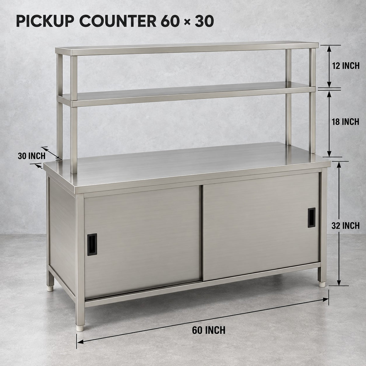 SS Pickup Counter with Sliding Doors – 60 × 30 × 32 + 18 + 12 in