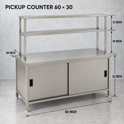 SS Pickup Counter with Sliding Doors – 60 × 30 × 32 + 18 + 12 in