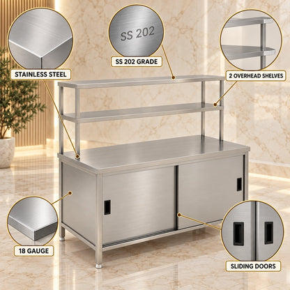 SS Pickup Counter with Sliding Doors – 60 × 30 × 32 + 18 + 12 in