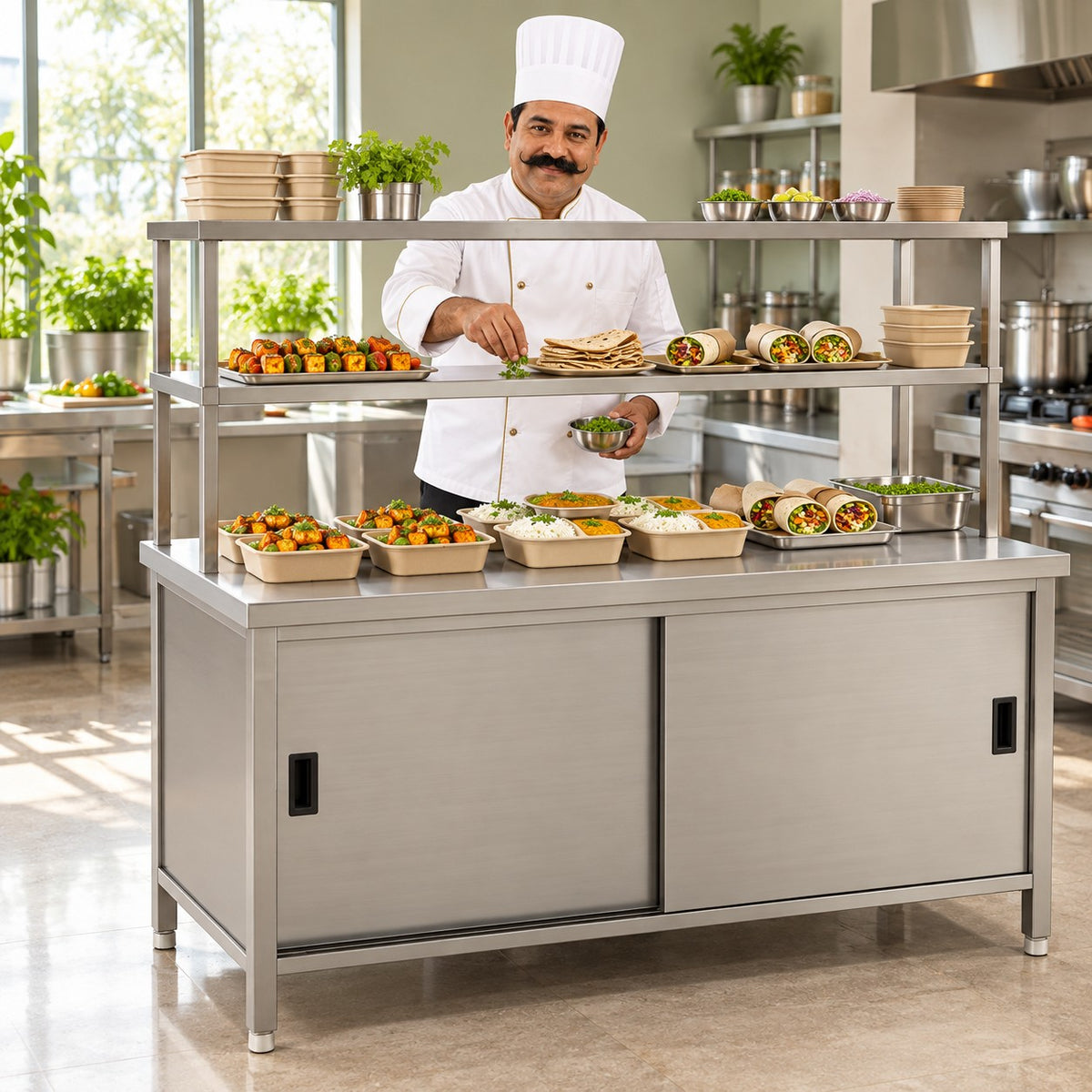 SS Pickup Counter with Sliding Doors – 60 × 30 × 32 + 18 + 12 in