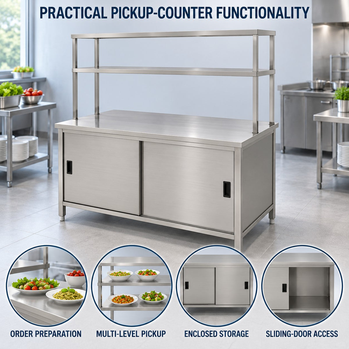 SS Pickup Counter with Sliding Doors – 60 × 30 × 32 + 18 + 12 in