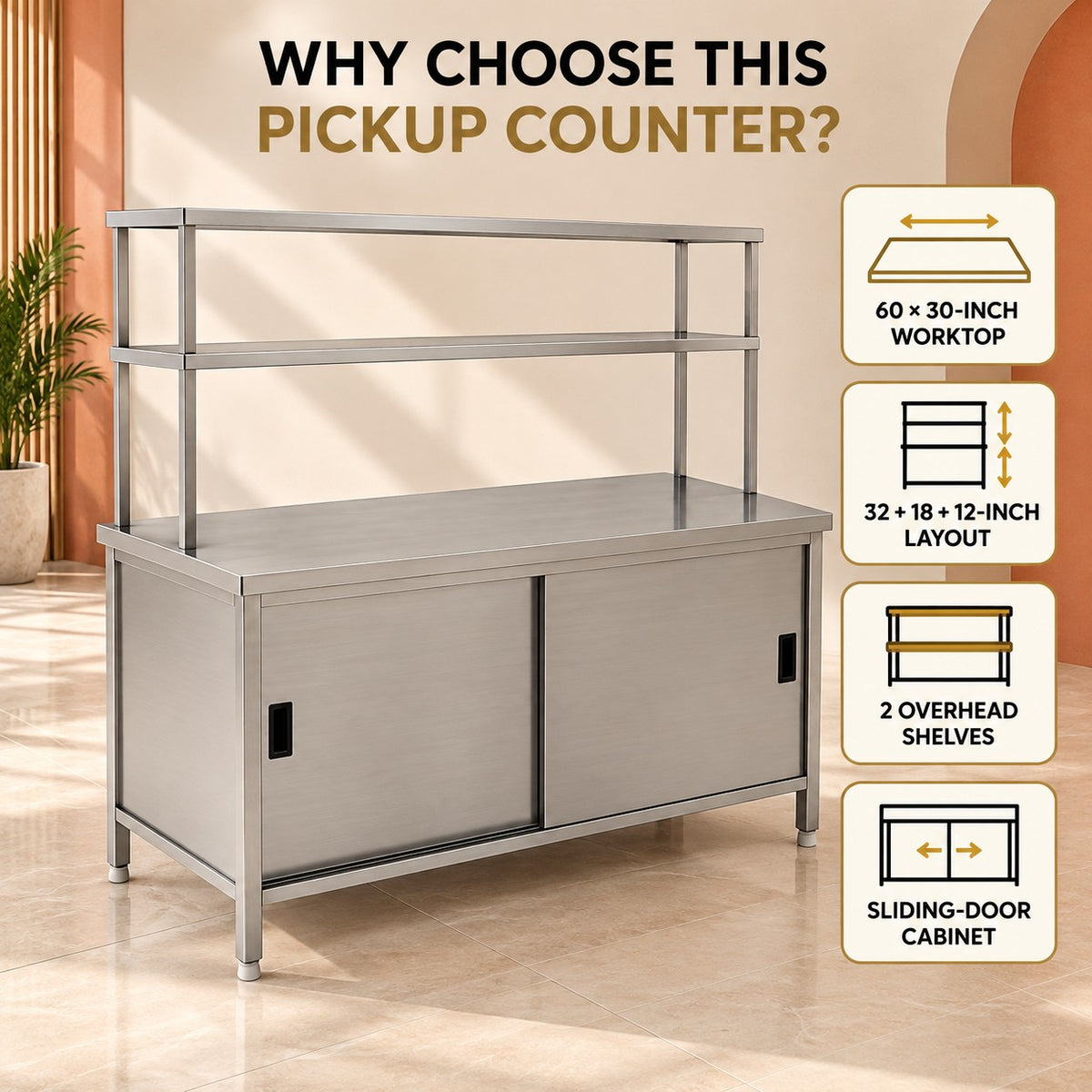 SS Pickup Counter with Sliding Doors – 60 × 30 × 32 + 18 + 12 in