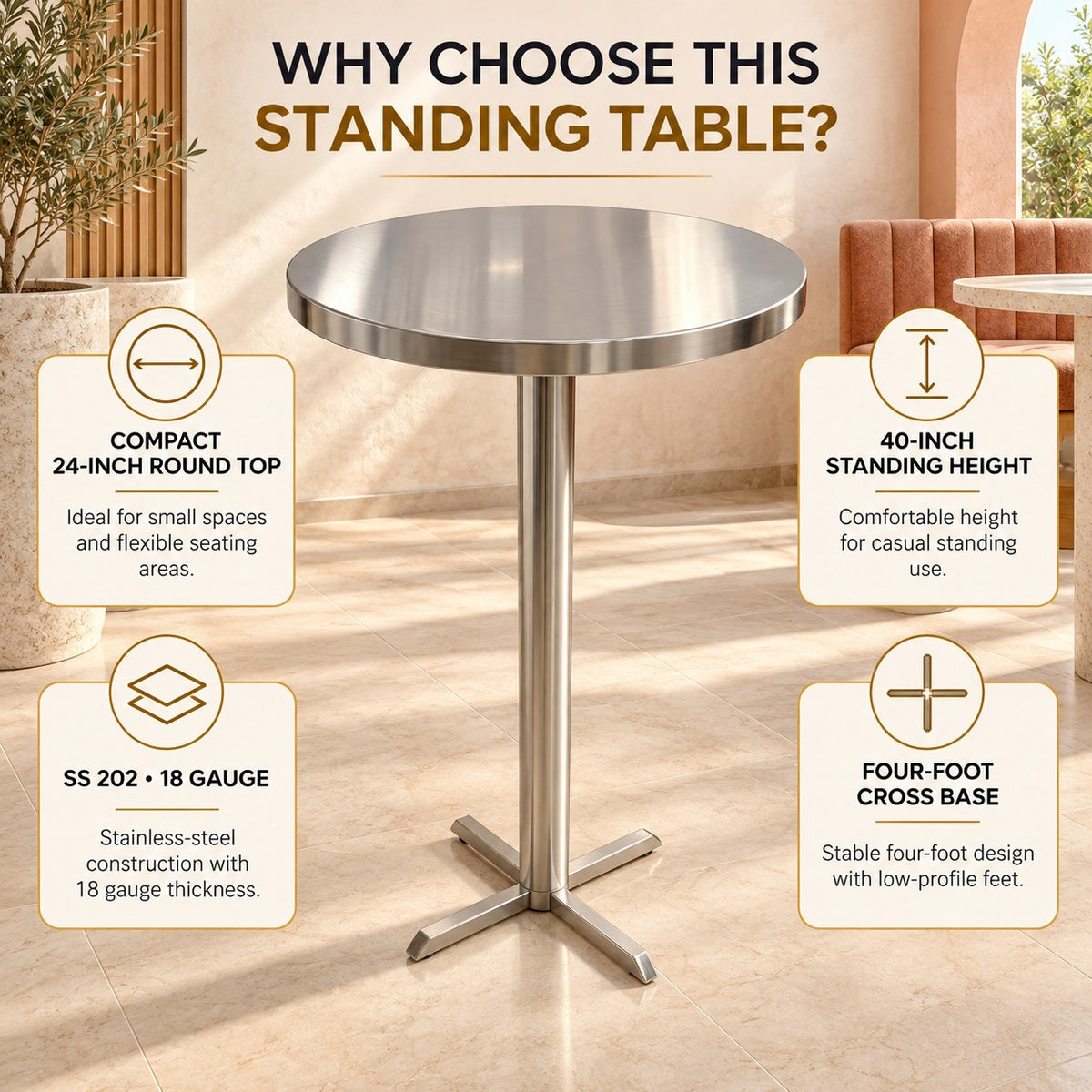 Round Standing Dining Table – 24 × 24 × 44 in