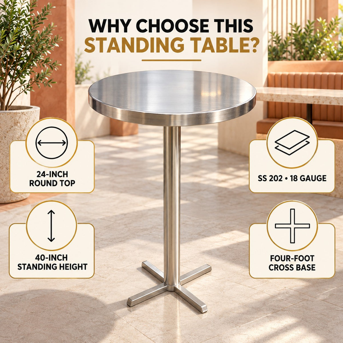 Round Standing Dining Table – 24 × 24 × 44 in