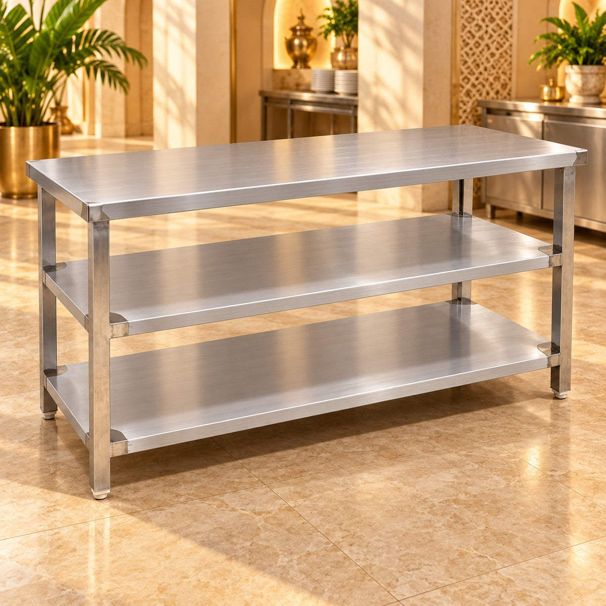 SS Service Table with 2 Undershelves – 60 × 24 × 32 in