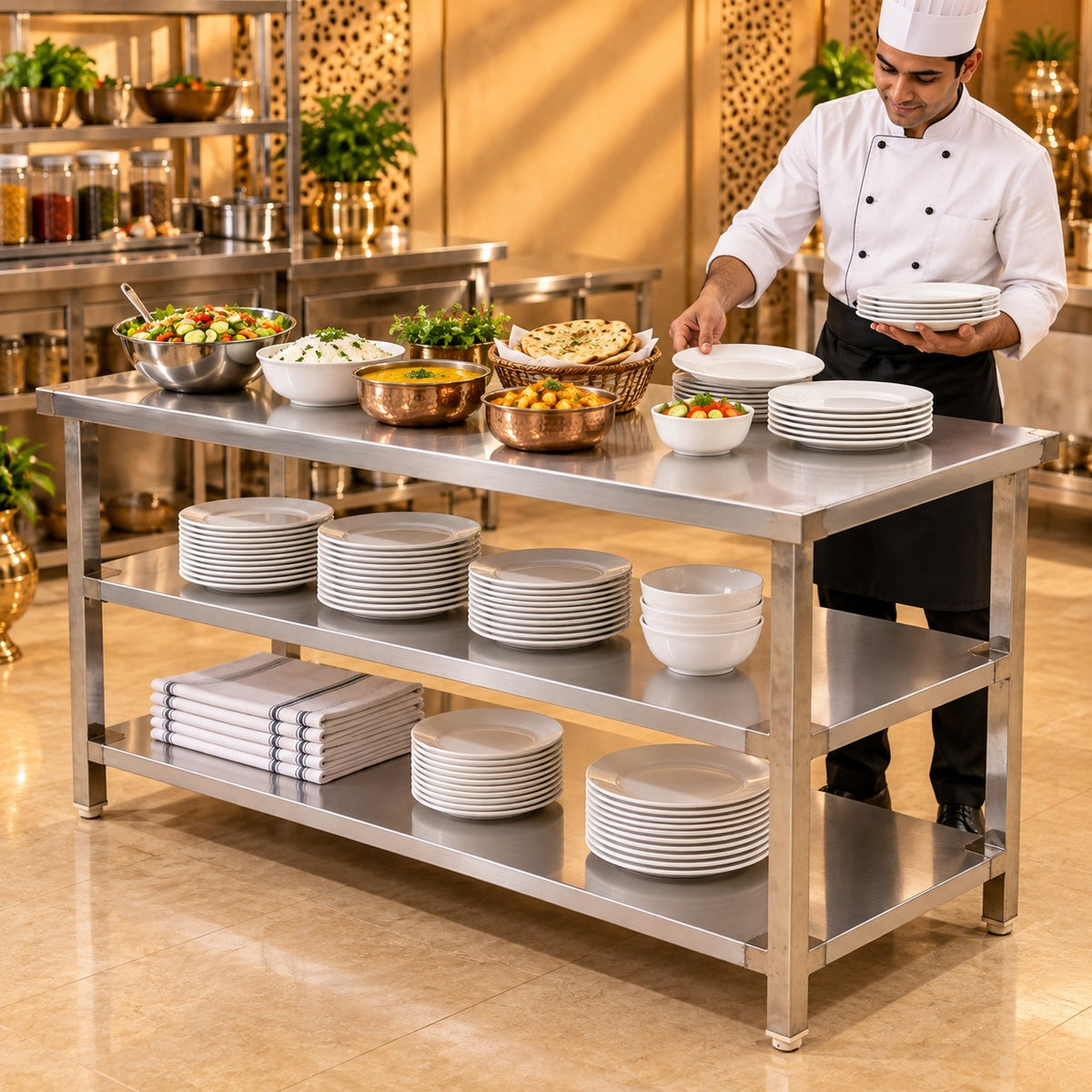 SS Service Table with 2 Undershelves – 60 × 24 × 32 in