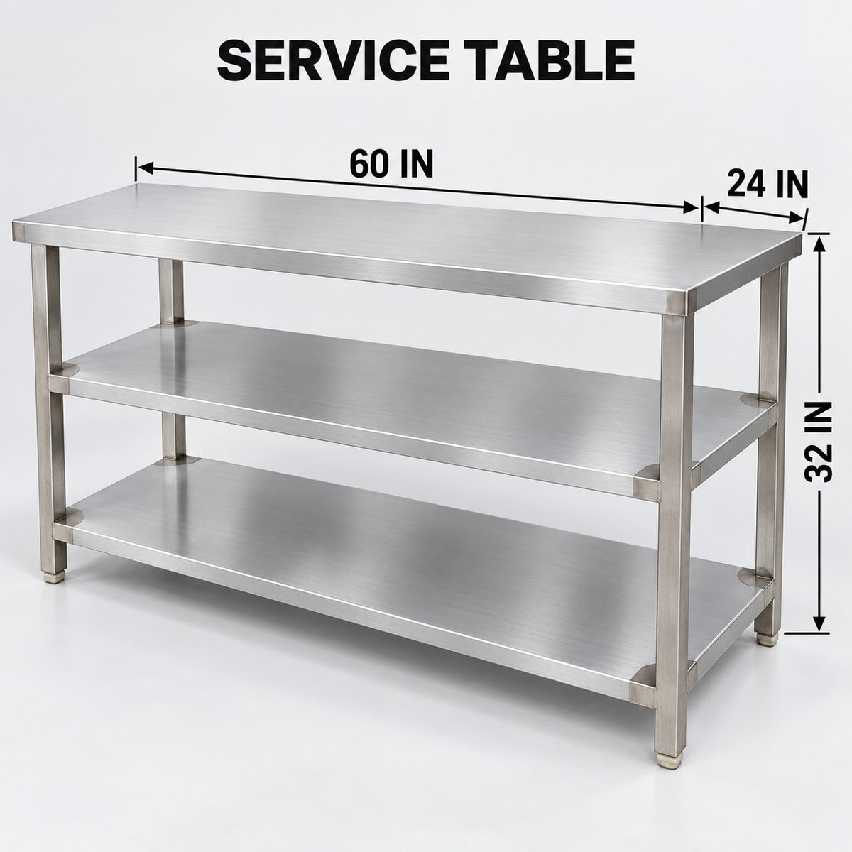 SS Service Table with 2 Undershelves – 60 × 24 × 32 in