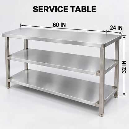 SS Service Table with 2 Undershelves – 60 × 24 × 32 in