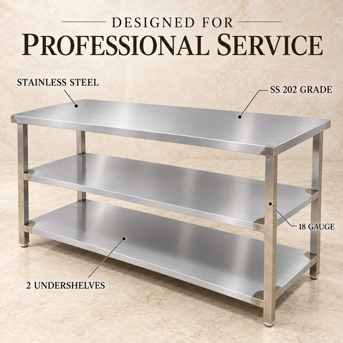 SS Service Table with 2 Undershelves – 60 × 24 × 32 in