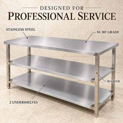 SS Service Table with 2 Undershelves – 60 × 24 × 32 in
