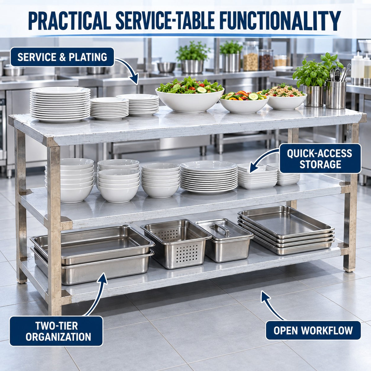 SS Service Table with 2 Undershelves – 60 × 24 × 32 in