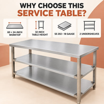 SS Service Table with 2 Undershelves – 60 × 24 × 32 in