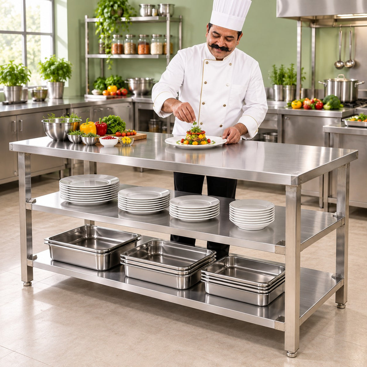 SS Service Table with 2 Undershelves – 60 × 24 × 32 in