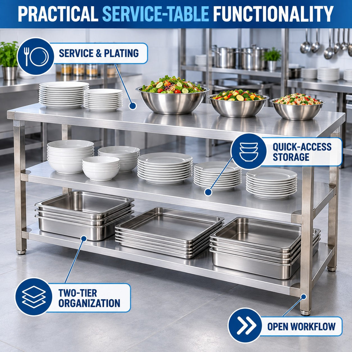 SS Service Table with 2 Undershelves – 60 × 24 × 32 in