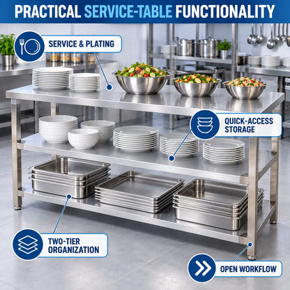 SS Service Table with 2 Undershelves – 60 × 24 × 32 in