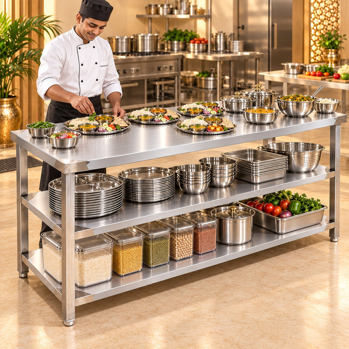 SS Service Table with 2 Undershelves – 72 × 24 × 32 in