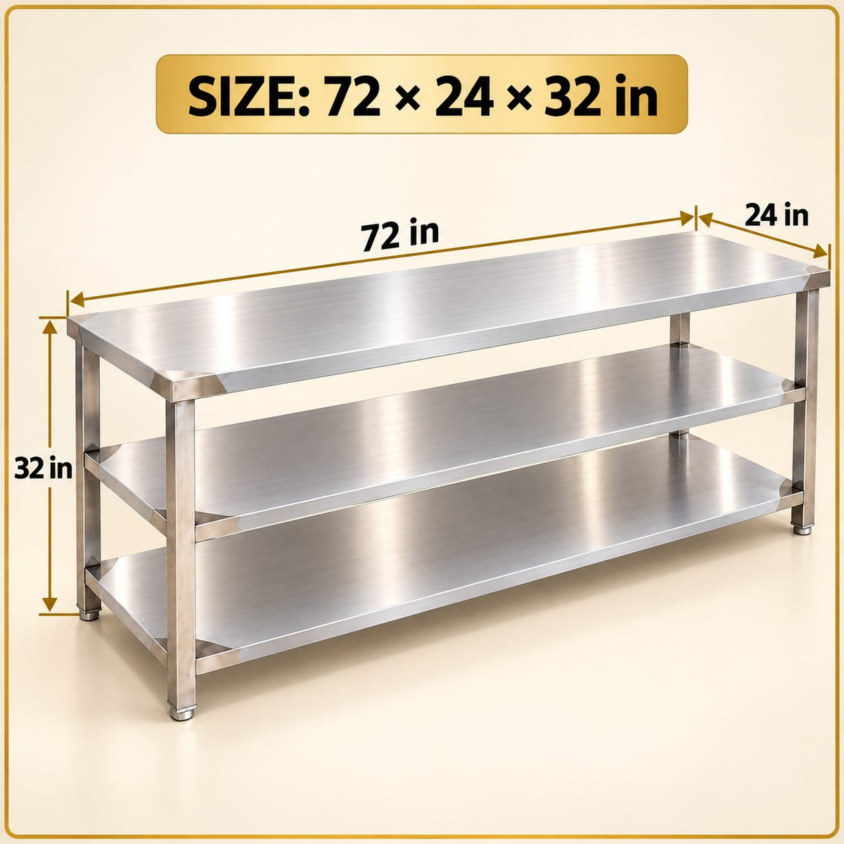 SS Service Table with 2 Undershelves – 72 × 24 × 32 in