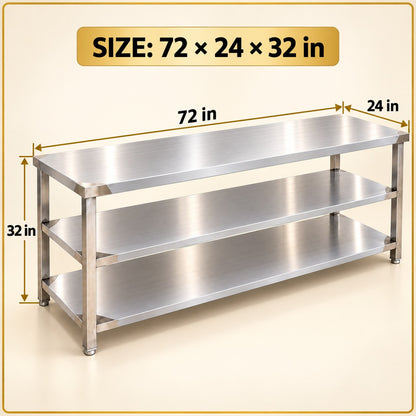 SS Service Table with 2 Undershelves – 72 × 24 × 32 in