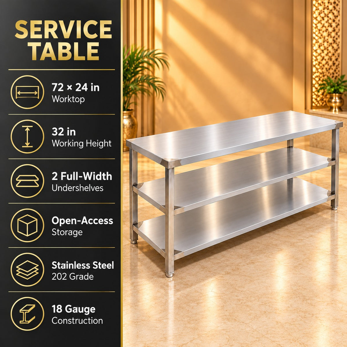 SS Service Table with 2 Undershelves – 72 × 24 × 32 in