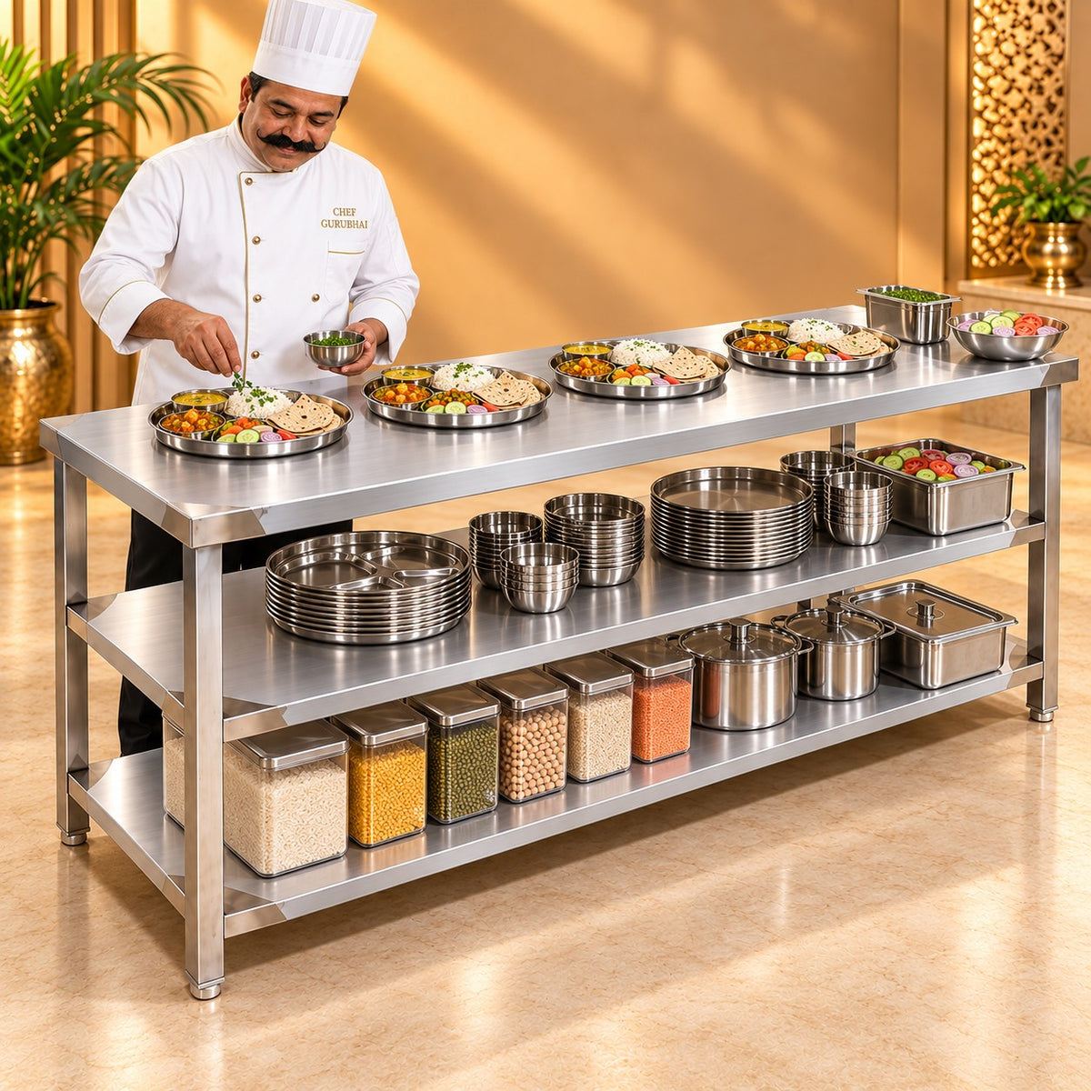 SS Service Table with 2 Undershelves – 72 × 24 × 32 in