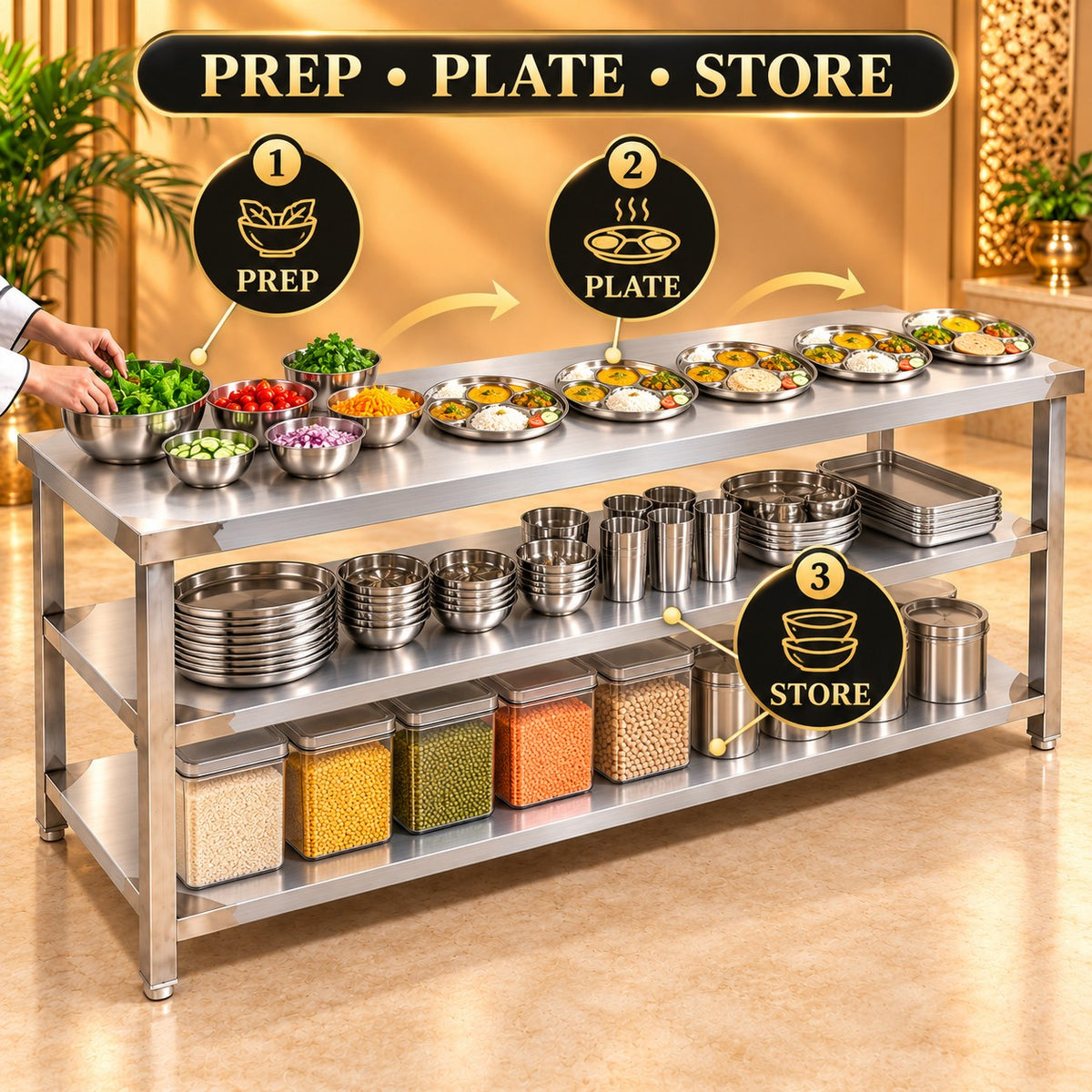 SS Service Table with 2 Undershelves – 72 × 24 × 32 in