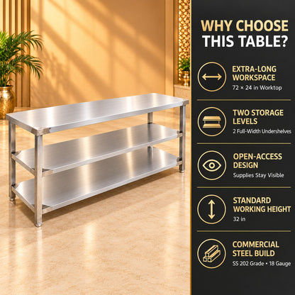 SS Service Table with 2 Undershelves – 72 × 24 × 32 in