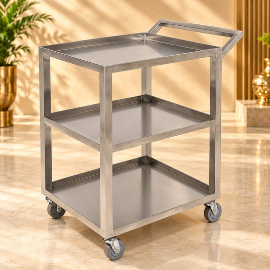 Three-shelf stainless steel service trolley with castor wheels — main product view