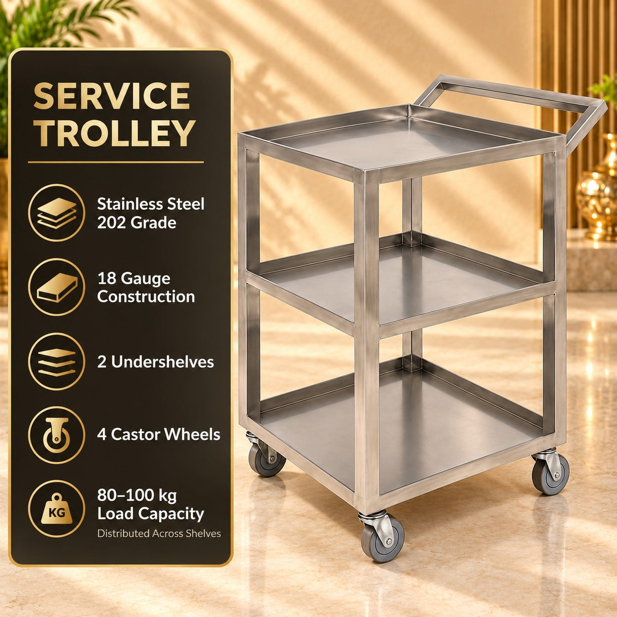 SS 202 Service Trolley with 4 Wheels – 24 × 21 × 32 in
