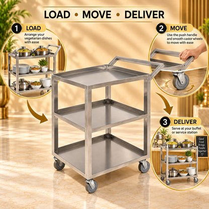 SS 202 Service Trolley with 4 Wheels – 24 × 21 × 32 in