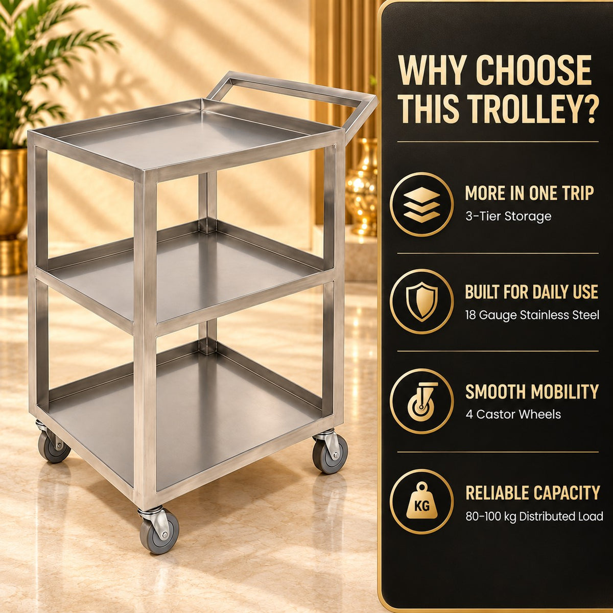 SS 202 Service Trolley with 4 Wheels – 24 × 21 × 32 in