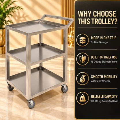 SS 202 Service Trolley with 4 Wheels – 24 × 21 × 32 in