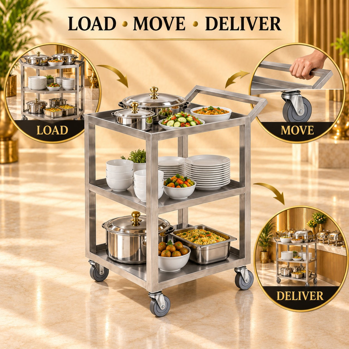 SS 202 Service Trolley with 4 Wheels – 24 × 21 × 32 in